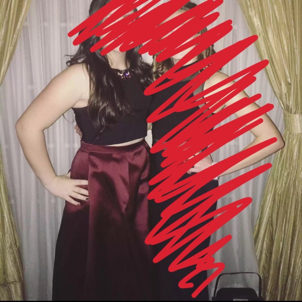 maroon and black 2-piece prom dress
